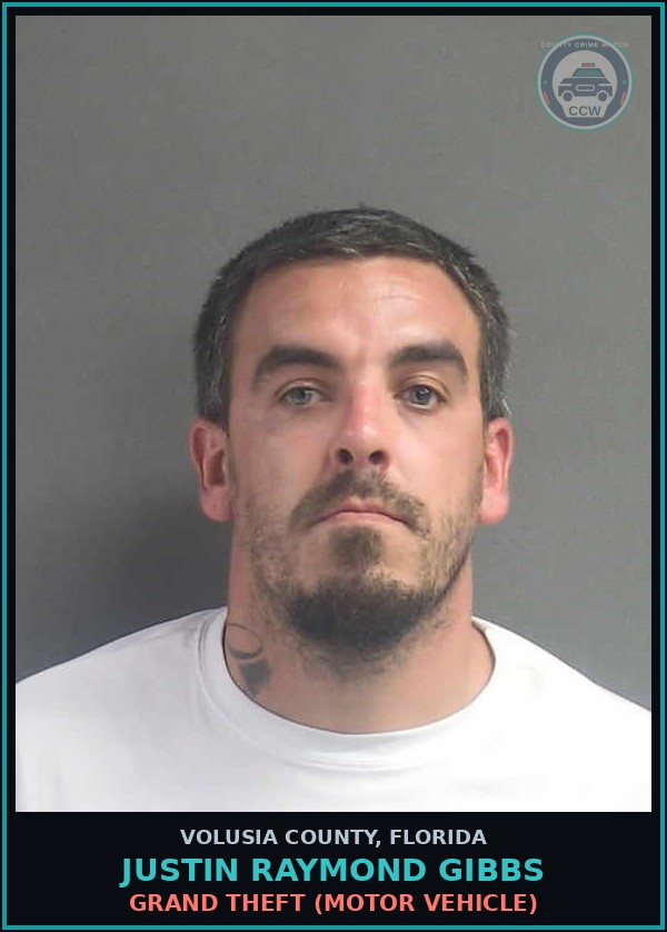 Booking mugshot of JUSTIN RAYMOND GIBBS in Volusia County