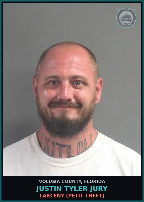 Booking mugshot of JUSTIN TYLER JURY in Volusia County