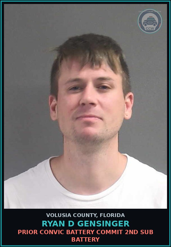 Booking mugshot of RYAN D GENSINGER in Volusia County