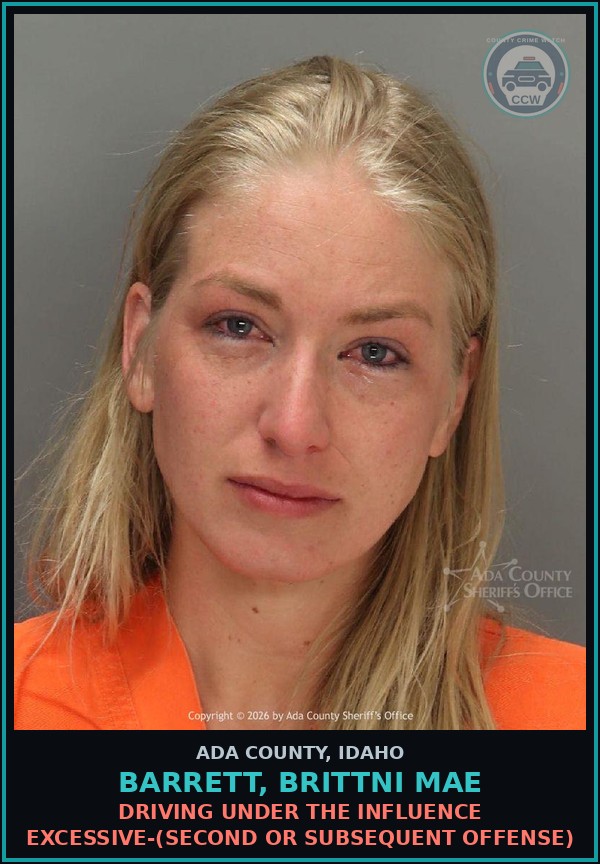 Booking mugshot of Barrett, Brittni Mae in Ada County