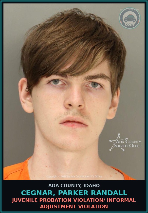 Booking mugshot of Cegnar, Parker Randall in Ada County