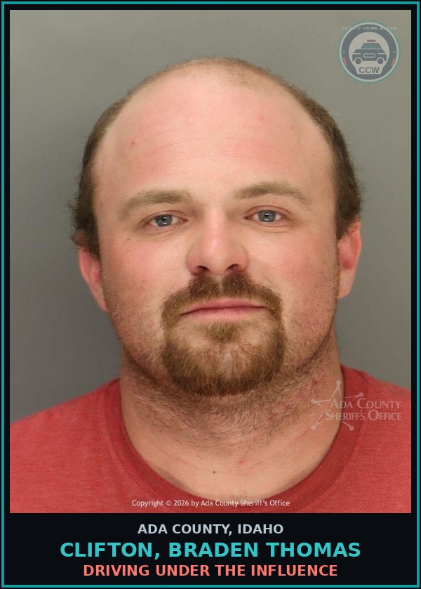 Booking mugshot of Clifton, Braden Thomas in Ada County