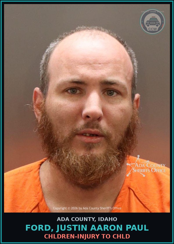 Booking mugshot of Ford, Justin Aaron paul in Ada County