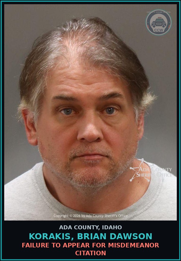 Booking mugshot of Korakis, Brian Dawson in Ada County