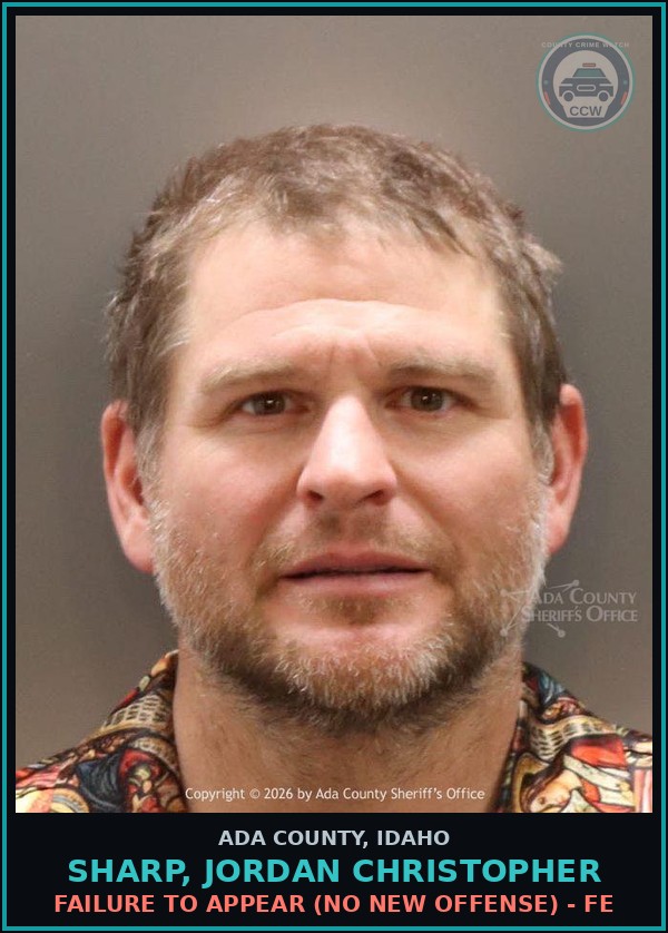 Booking mugshot of Sharp, Jordan Christopher in Ada County