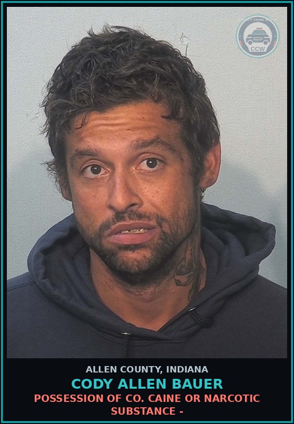 Booking mugshot of Cody Allen Bauer in Allen County