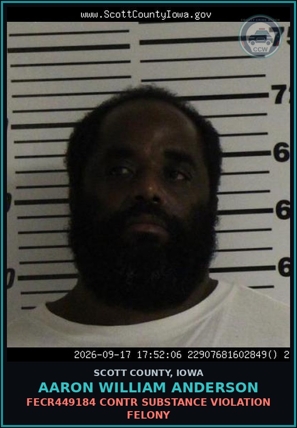 Booking mugshot of Aaron William Anderson in Scott County