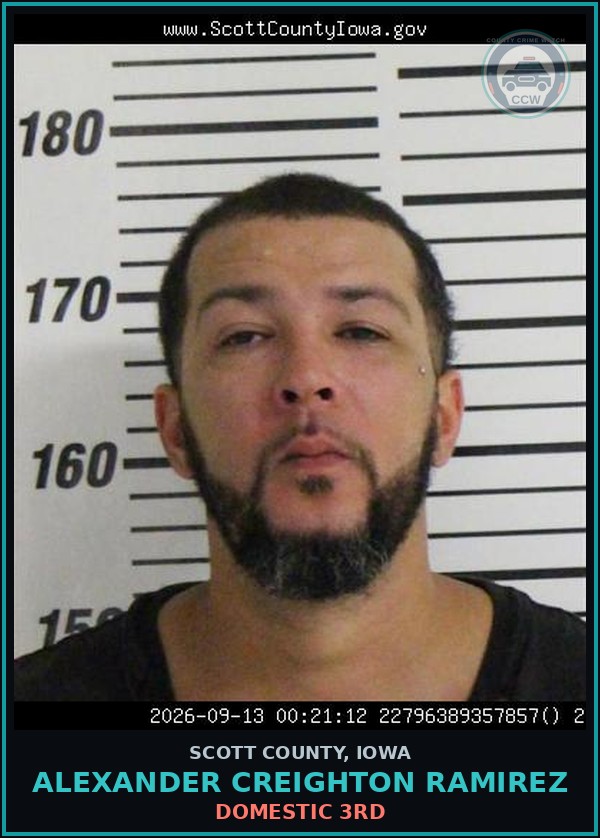 Booking mugshot of Alexander Creighton Ramirez in Scott County