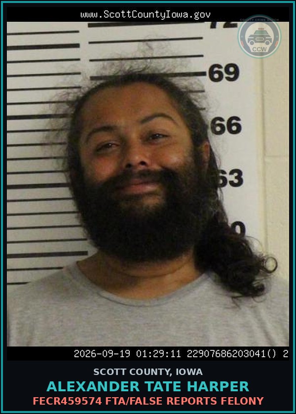 Booking mugshot of Alexander Tate Harper in Scott County