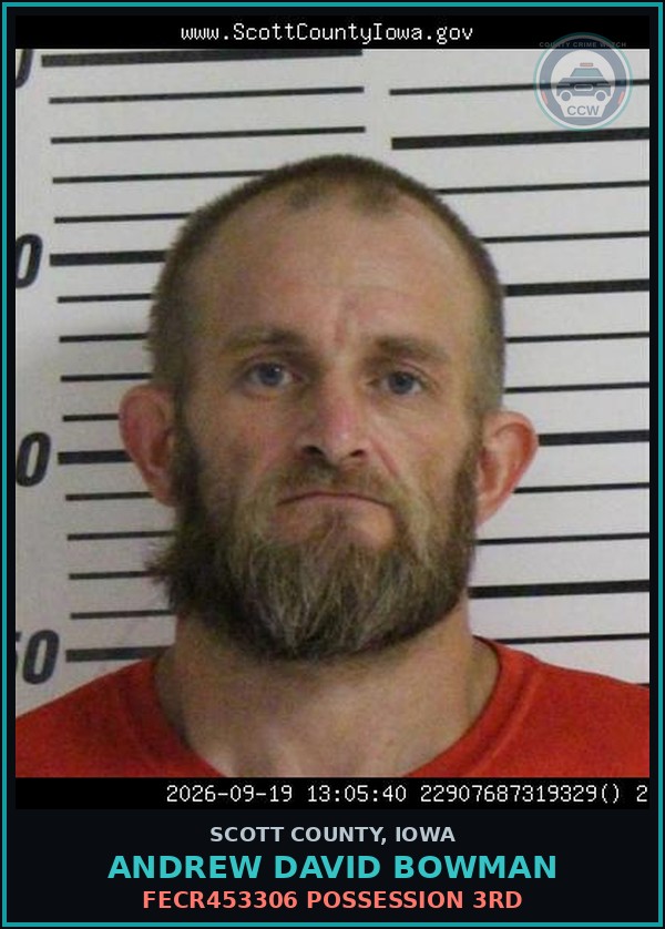 Booking mugshot of Andrew David Bowman in Scott County