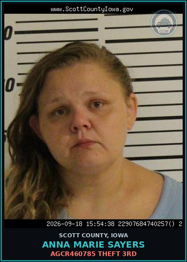 Booking mugshot of Anna Marie Sayers in Scott County
