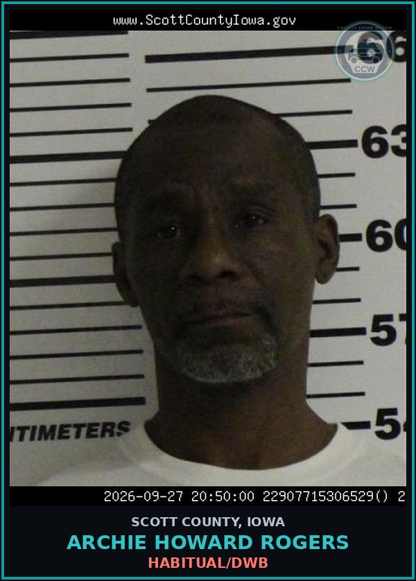Booking mugshot of Archie Howard Rogers in Scott County