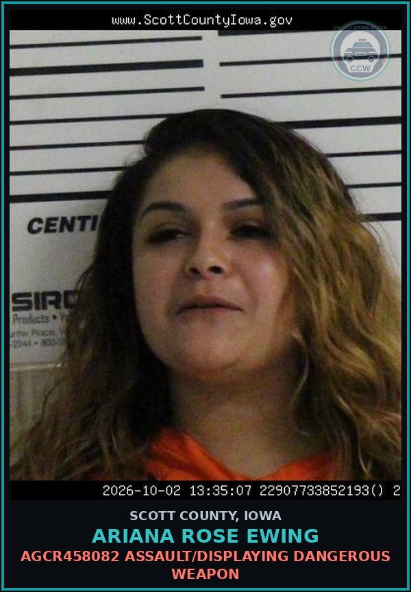 Booking mugshot of Ariana Rose Ewing in Scott County