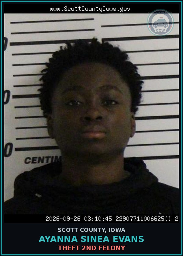Booking mugshot of Ayanna Sinea Evans in Scott County