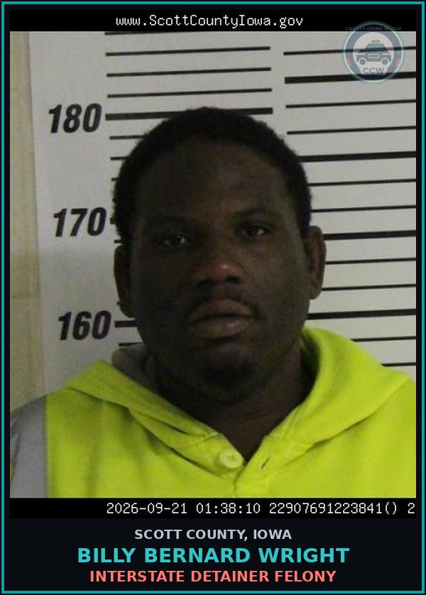 Booking mugshot of Billy Bernard Wright in Scott County
