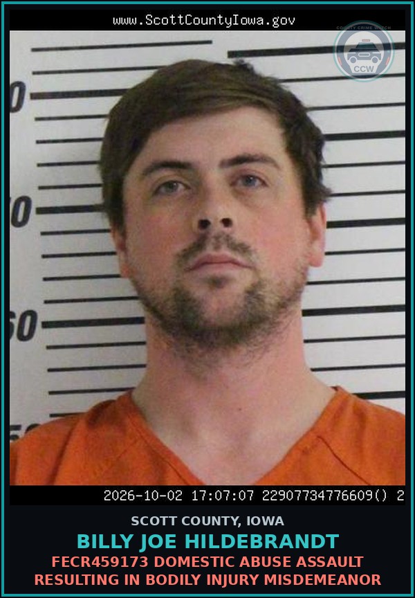 Booking mugshot of Billy Joe Hildebrandt in Scott County