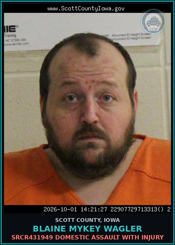 Booking mugshot of Blaine Mykey Wagler in Scott County