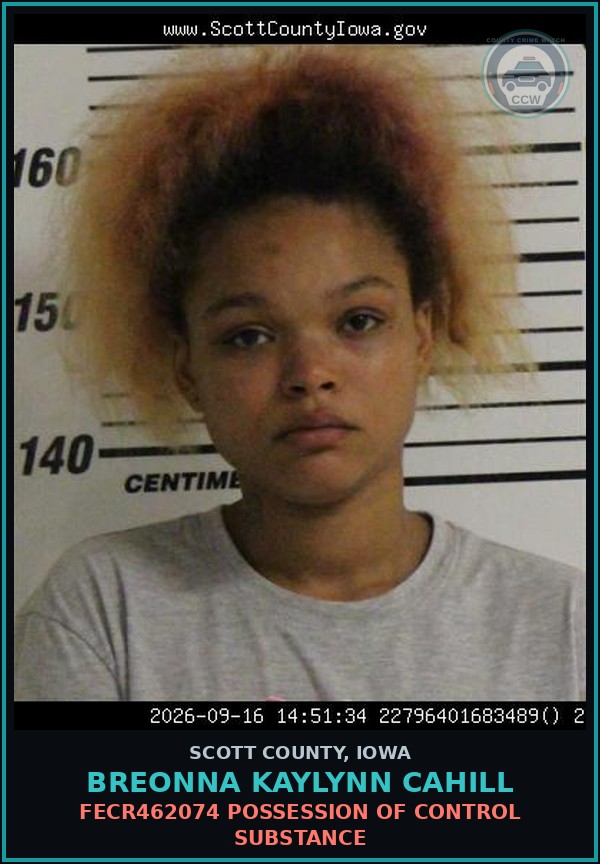 Booking mugshot of Breonna Kaylynn Cahill in Scott County