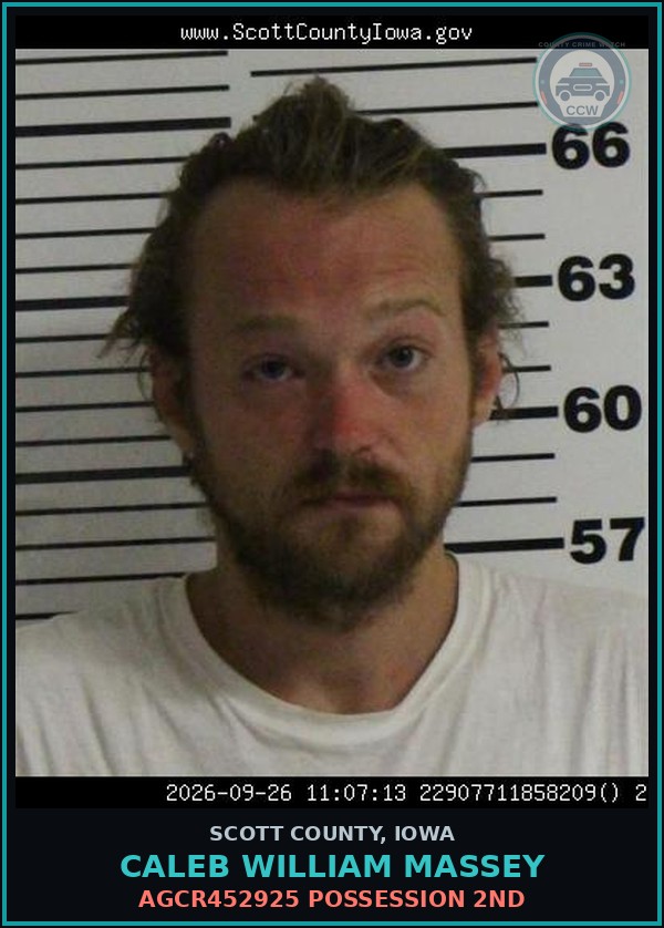 Booking mugshot of Caleb William Massey in Scott County