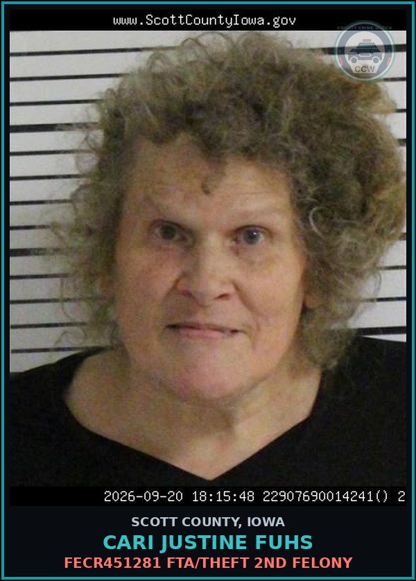 Booking mugshot of Cari Justine Fuhs in Scott County