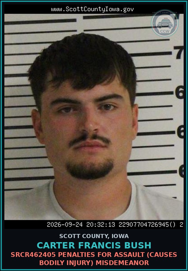 Booking mugshot of Carter Francis Bush in Scott County