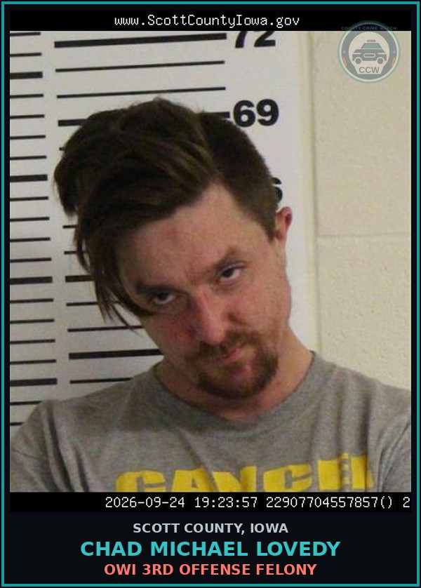 Booking mugshot of Chad Michael Lovedy in Scott County