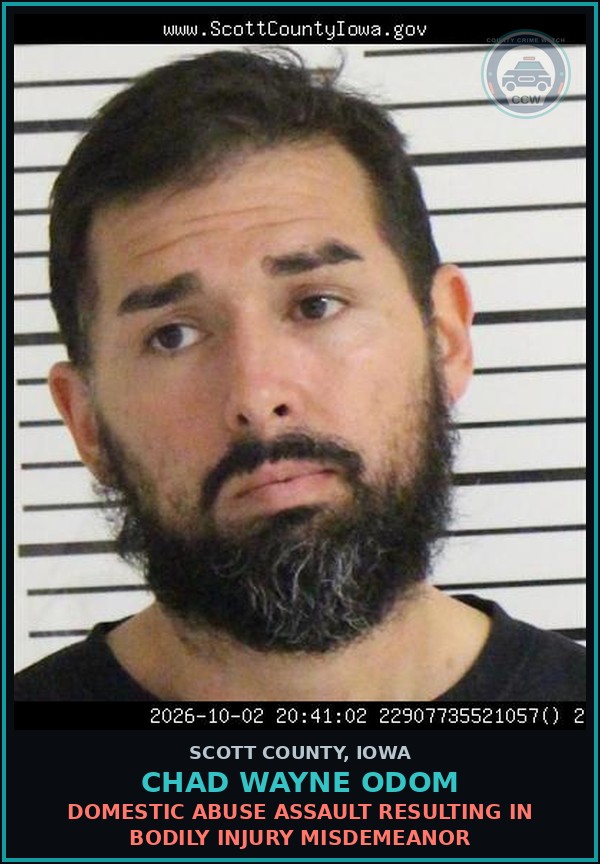 Booking mugshot of Chad Wayne Odom in Scott County