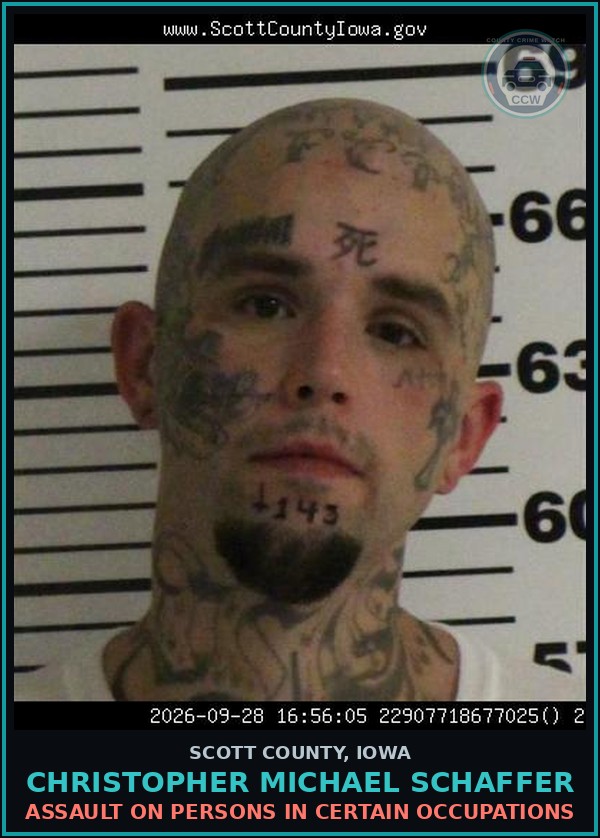 Booking mugshot of Christopher Michael Schaffer in Scott County