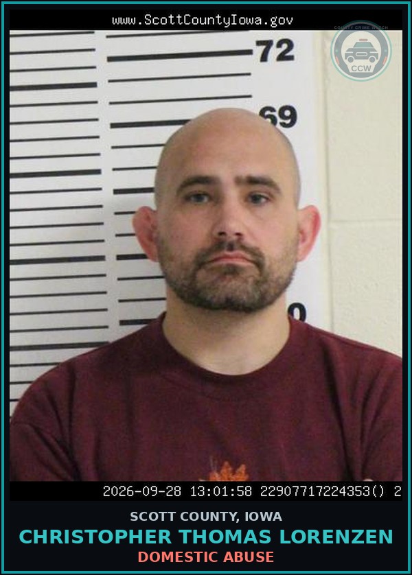 Booking mugshot of Christopher Thomas Lorenzen in Scott County