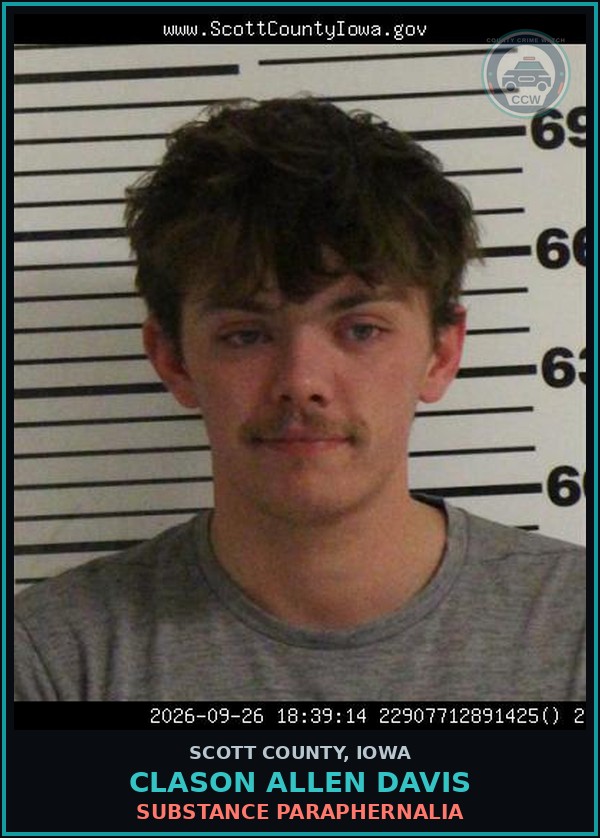 Booking mugshot of Clason Allen Davis in Scott County