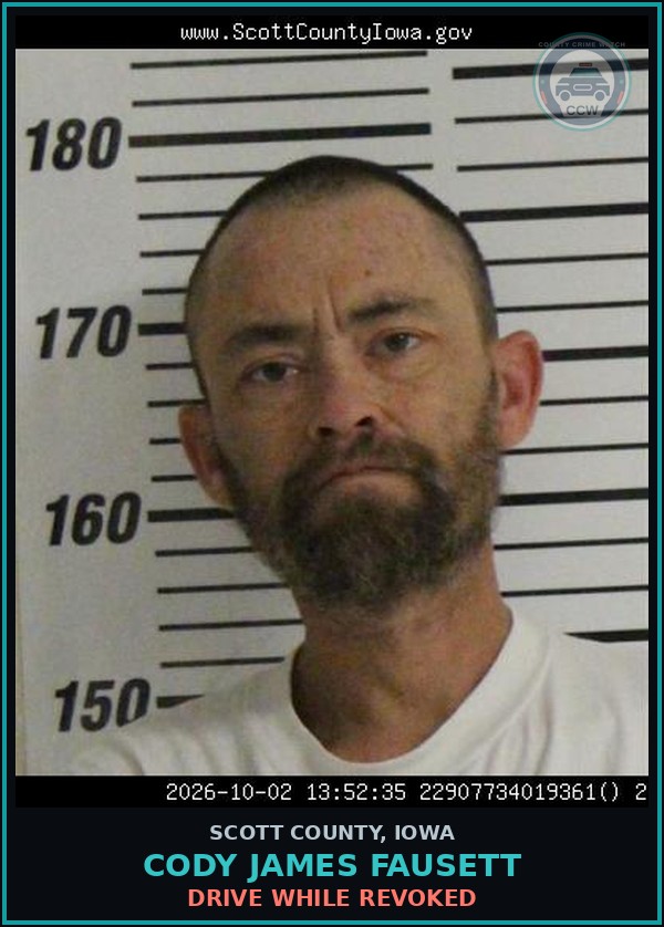Booking mugshot of Cody James Fausett in Scott County