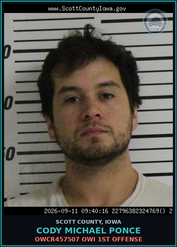 Booking mugshot of Cody Michael Ponce in Scott County