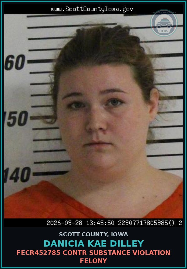 Booking mugshot of Danicia Kae Dilley in Scott County
