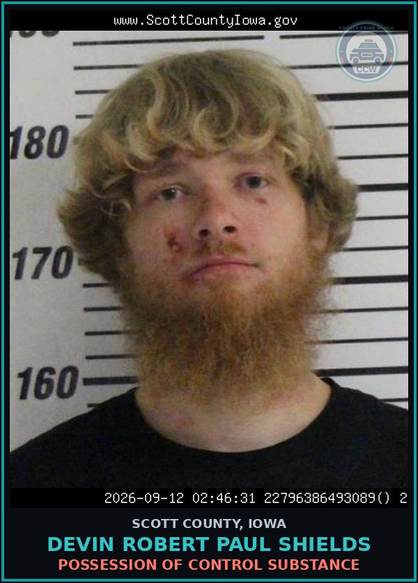 Booking mugshot of Devin Robert Paul Shields in Scott County