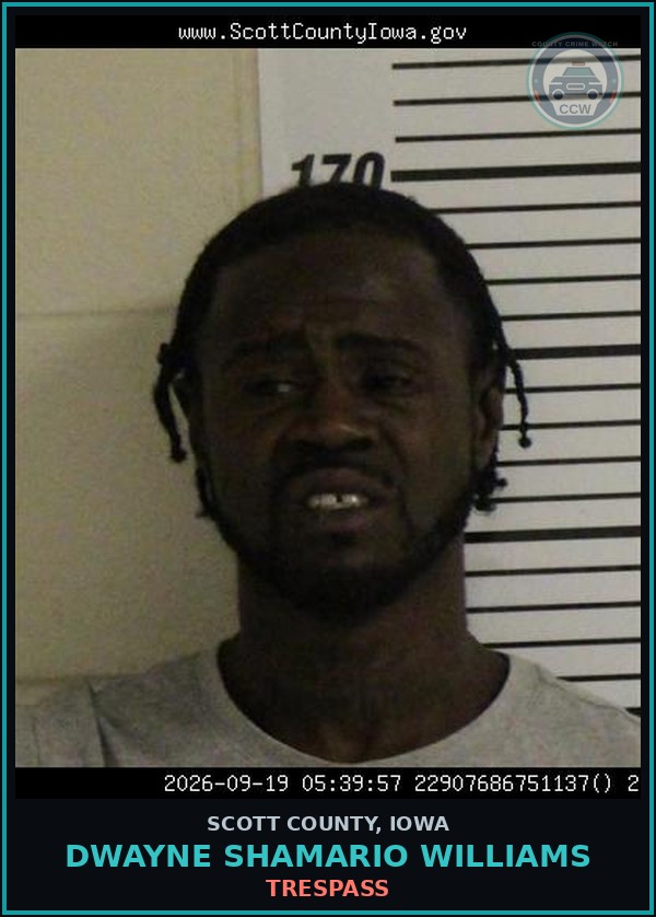 Booking mugshot of Dwayne Shamario Williams in Scott County