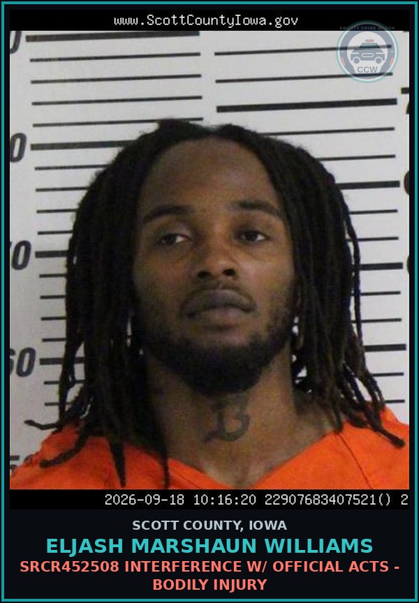 Booking mugshot of Eljash Marshaun Williams in Scott County