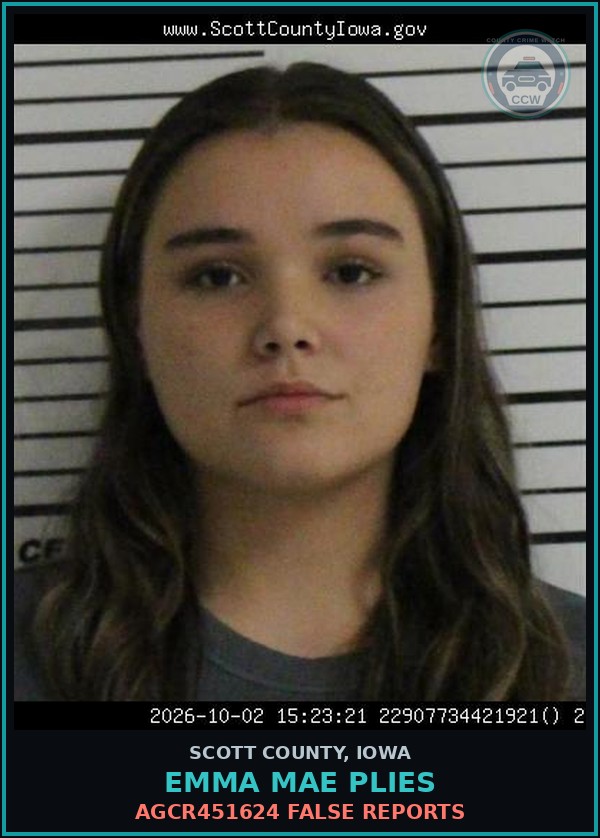 Booking mugshot of Emma Mae Plies in Scott County