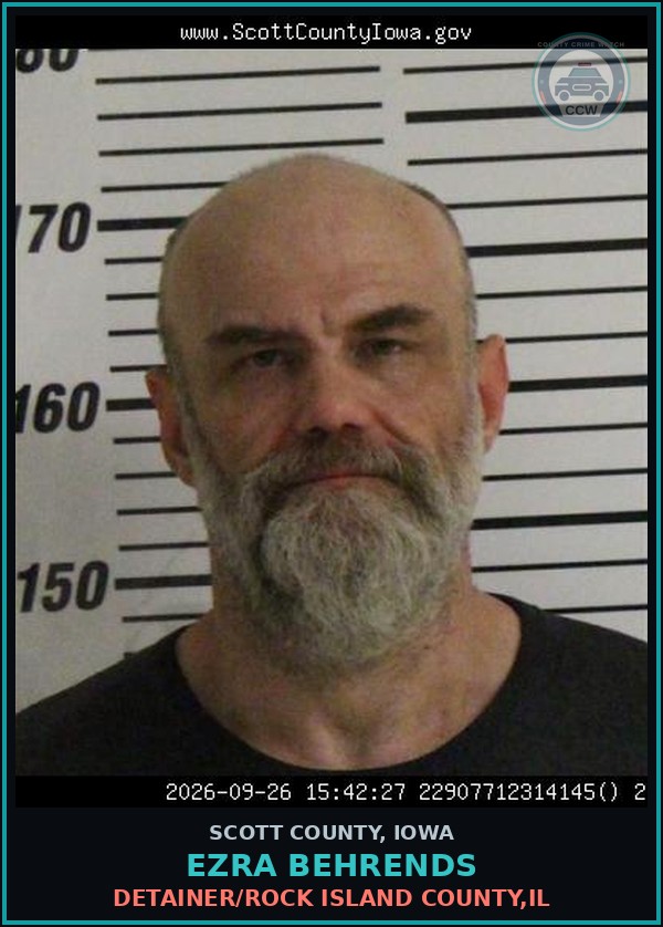 Booking mugshot of Ezra Behrends in Scott County
