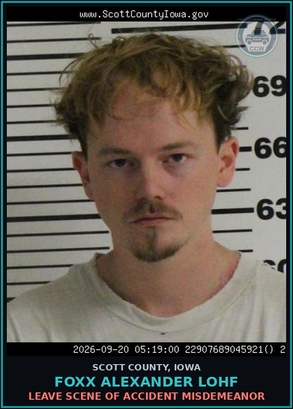 Booking mugshot of Foxx Alexander Lohf in Scott County