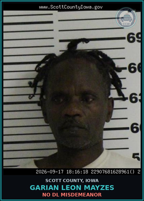 Booking mugshot of Garian Leon Mayzes in Scott County