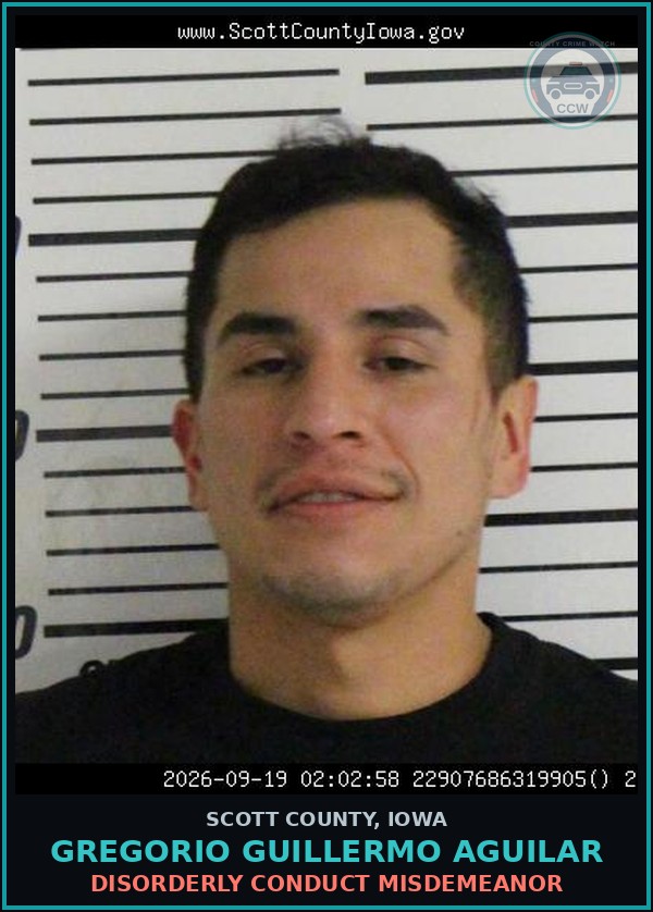 Booking mugshot of Gregorio Guillermo Aguilar in Scott County