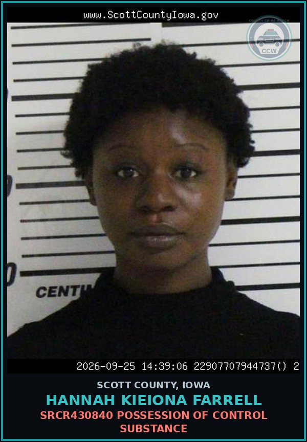 Booking mugshot of Hannah Kieiona Farrell in Scott County