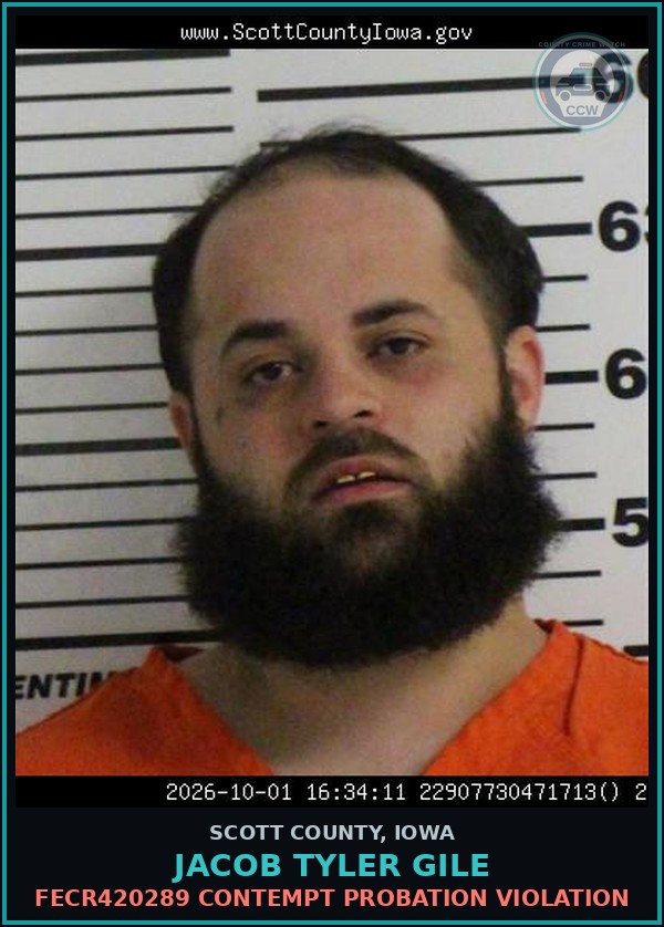 Booking mugshot of Jacob Tyler Gile in Scott County