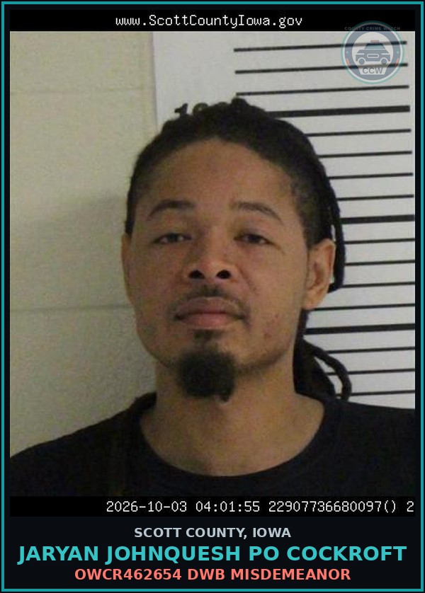 Booking mugshot of Jaryan Johnquesh Po Cockroft in Scott County