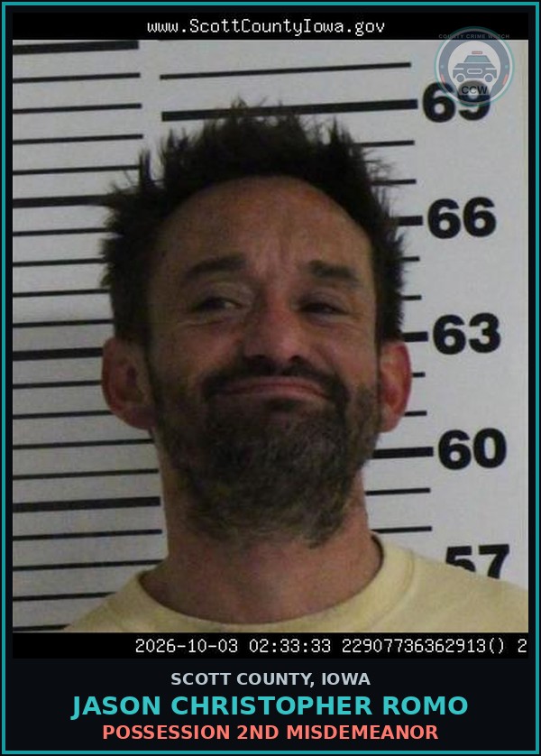 Booking mugshot of Jason Christopher Romo in Scott County
