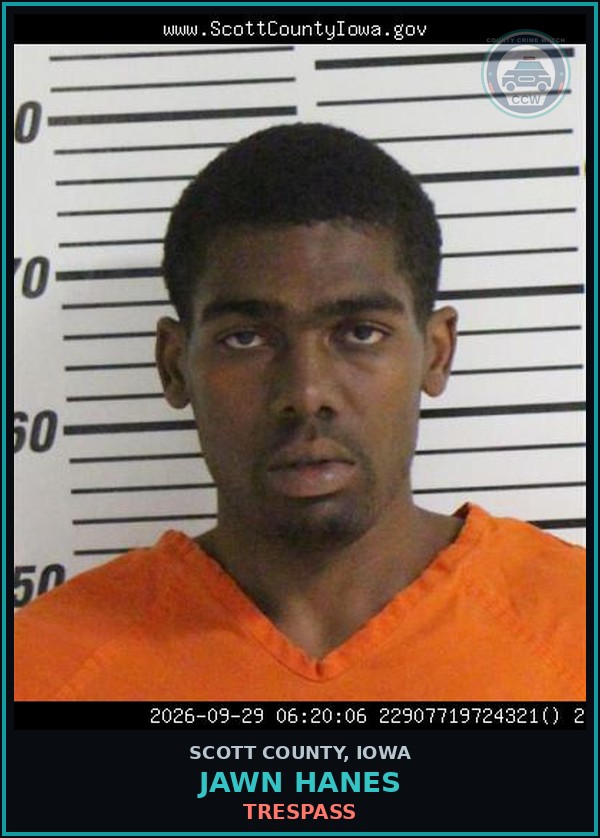 Booking mugshot of Jawn Hanes in Scott County