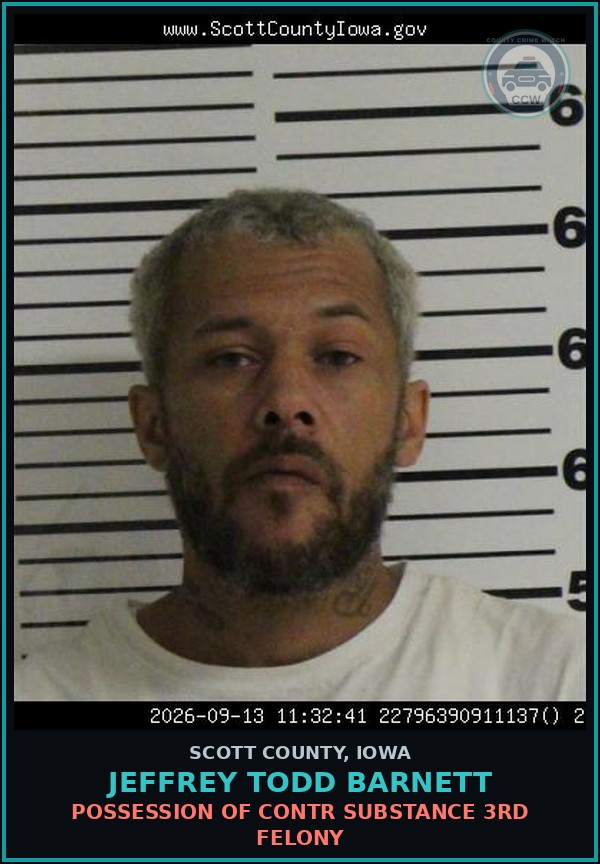 Booking mugshot of Jeffrey Todd Barnett in Scott County