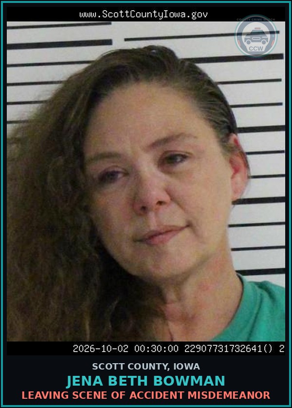 Booking mugshot of Jena Beth Bowman in Scott County