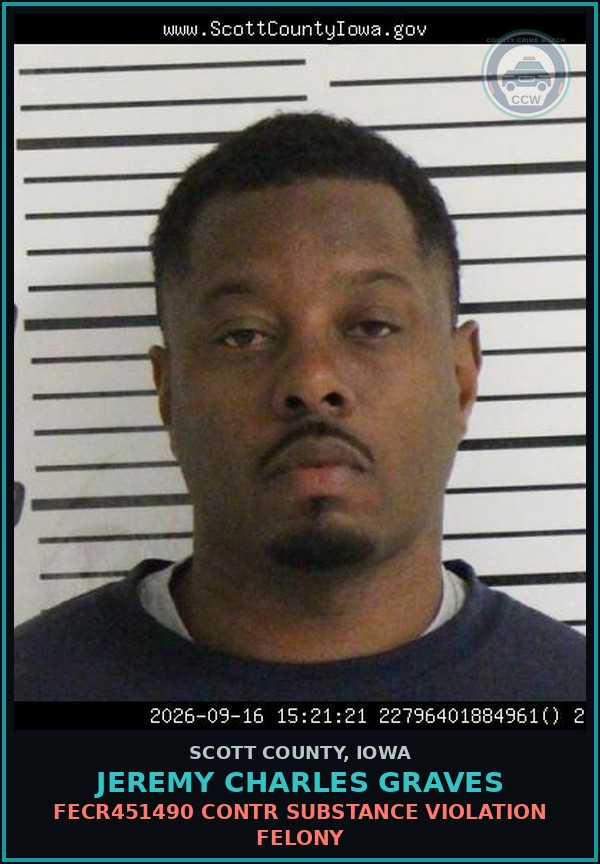 Booking mugshot of Jeremy Charles Graves in Scott County