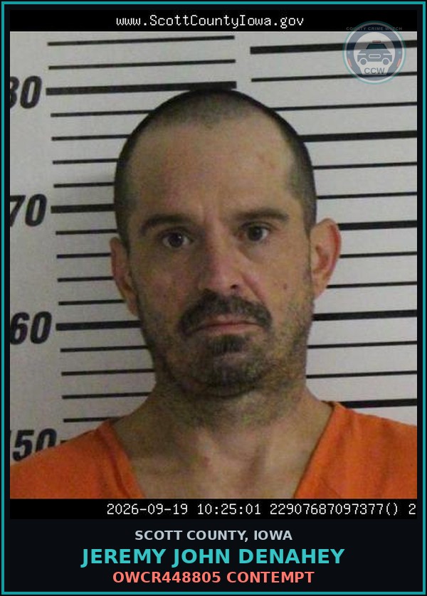 Booking mugshot of Jeremy John Denahey in Scott County